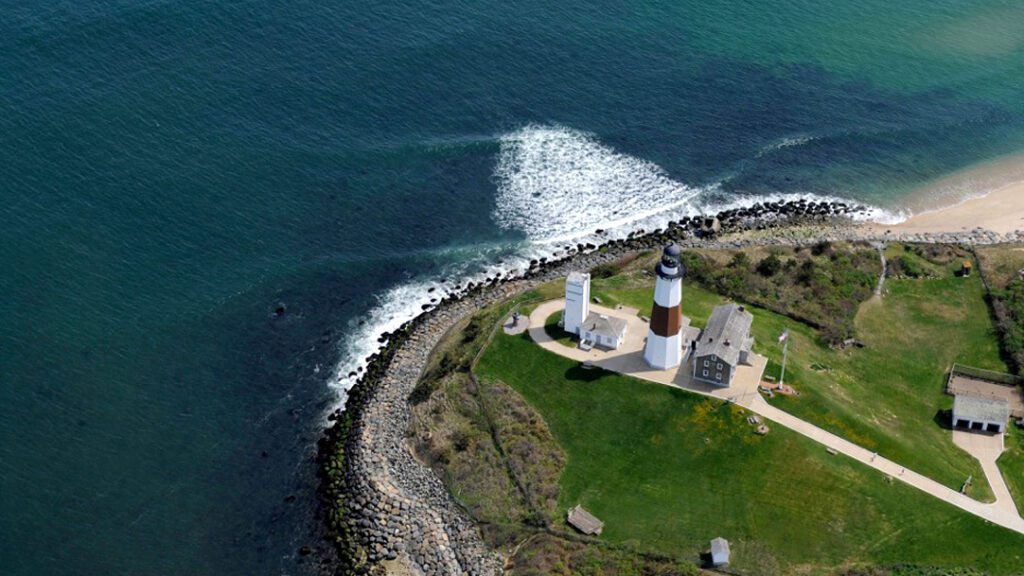 Aerial view of erosion control, 2010, at Montauk Point Lighthouse